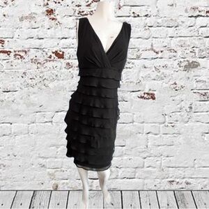 London Times Black Sleeveless Empire Waist Tiered Ruffle Party Mini Dress Size 8